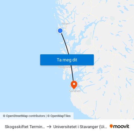 Skogsskiftet Terminal to Universitetet i Stavanger (UiS) map