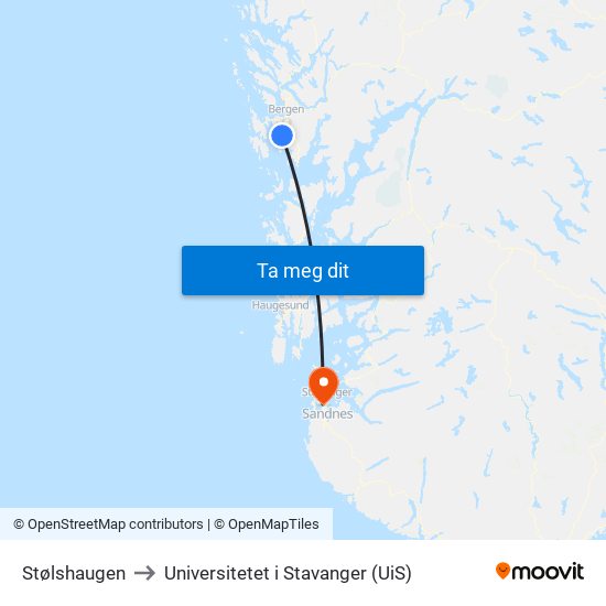 Stølshaugen to Universitetet i Stavanger (UiS) map