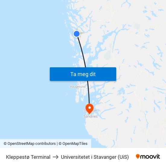 Kleppestø Terminal to Universitetet i Stavanger (UiS) map