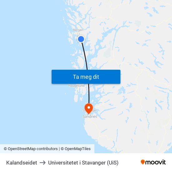 Kalandseidet to Universitetet i Stavanger (UiS) map