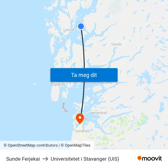 Sunde Ferjekai to Universitetet i Stavanger (UiS) map