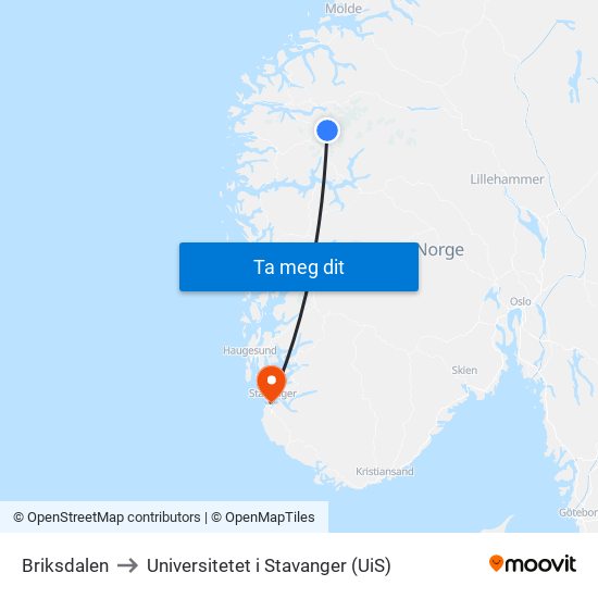 Briksdalen to Universitetet i Stavanger (UiS) map
