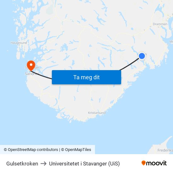 Gulsetkroken to Universitetet i Stavanger (UiS) map