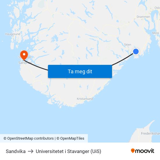 Sandvika to Universitetet i Stavanger (UiS) map