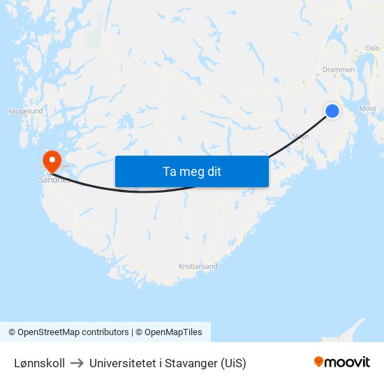 Lønnskoll to Universitetet i Stavanger (UiS) map