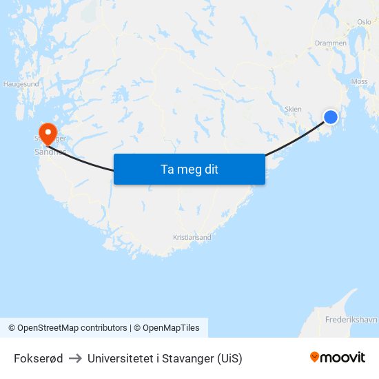 Fokserød to Universitetet i Stavanger (UiS) map