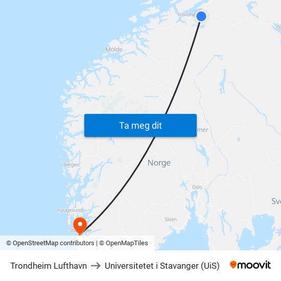 Trondheim Lufthavn to Universitetet i Stavanger (UiS) map