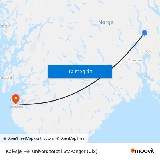 Kalvsjø to Universitetet i Stavanger (UiS) map