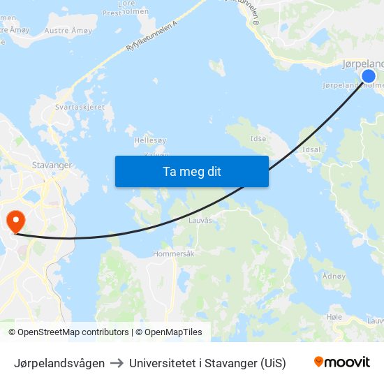 Jørpelandsvågen to Universitetet i Stavanger (UiS) map