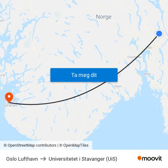 Oslo Lufthavn to Universitetet i Stavanger (UiS) map