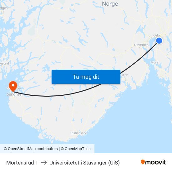 Mortensrud T to Universitetet i Stavanger (UiS) map