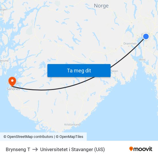 Brynseng T to Universitetet i Stavanger (UiS) map