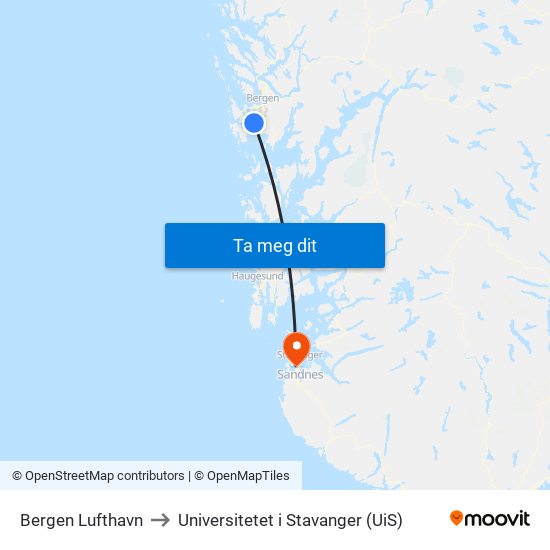 Bergen Lufthavn to Universitetet i Stavanger (UiS) map