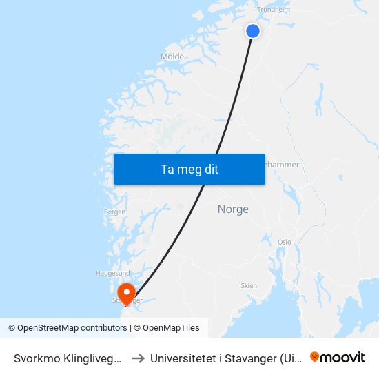 Svorkmo Klinglivegen to Universitetet i Stavanger (UiS) map