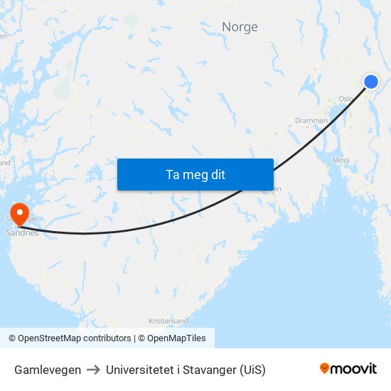 Gamlevegen to Universitetet i Stavanger (UiS) map
