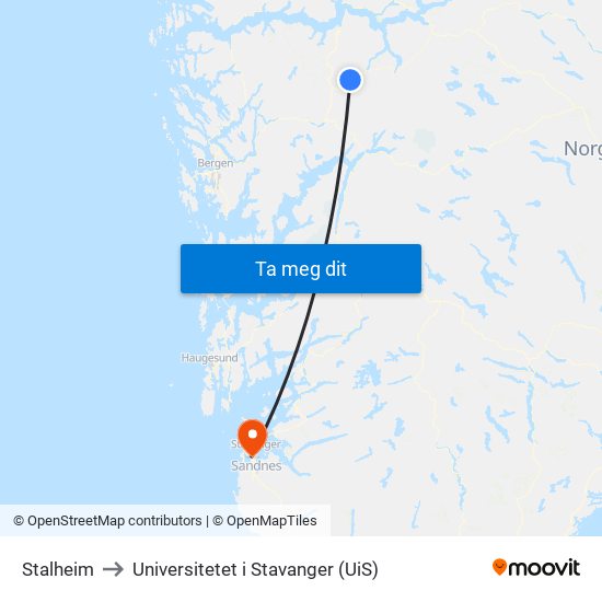 Stalheim to Universitetet i Stavanger (UiS) map