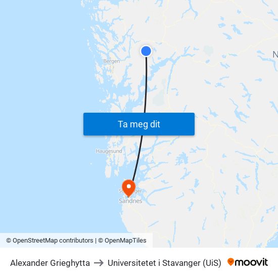 Alexander Grieghytta to Universitetet i Stavanger (UiS) map