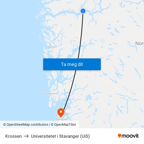 Krossen to Universitetet i Stavanger (UiS) map