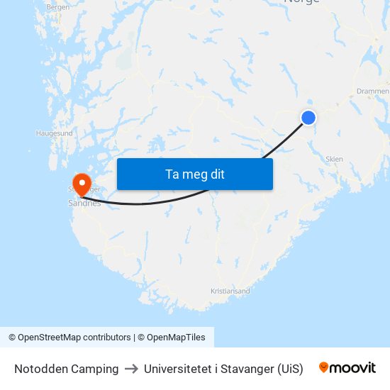 Notodden Camping to Universitetet i Stavanger (UiS) map