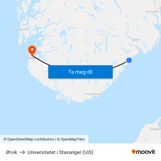 Ørvik to Universitetet i Stavanger (UiS) map