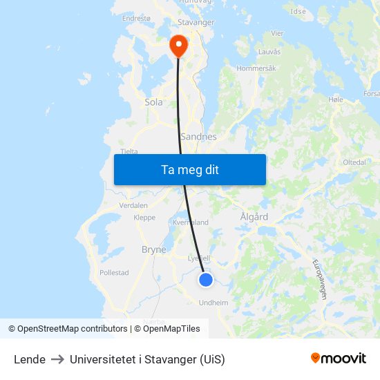 Lende to Universitetet i Stavanger (UiS) map