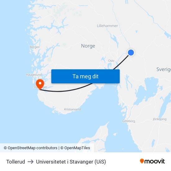 Tollerud to Universitetet i Stavanger (UiS) map