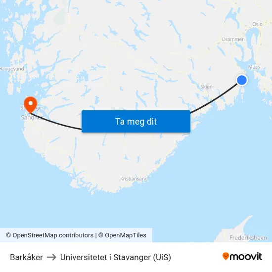 Barkåker to Universitetet i Stavanger (UiS) map