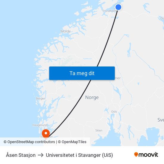 Åsen Stasjon to Universitetet i Stavanger (UiS) map