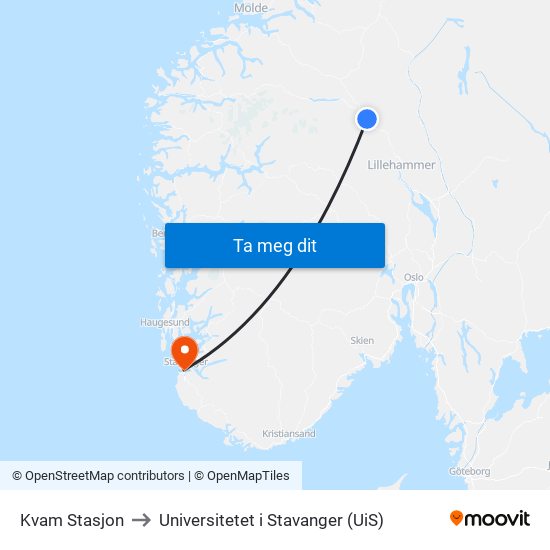 Kvam Stasjon to Universitetet i Stavanger (UiS) map