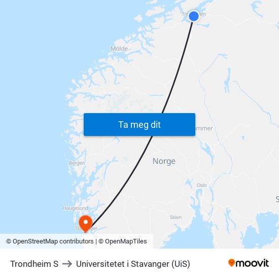 Trondheim S to Universitetet i Stavanger (UiS) map