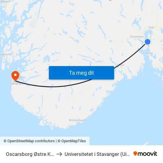 Oscarsborg Østre Kai to Universitetet i Stavanger (UiS) map