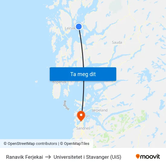 Ranavik Ferjekai to Universitetet i Stavanger (UiS) map