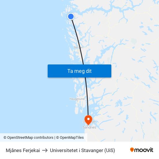 Mjånes Ferjekai to Universitetet i Stavanger (UiS) map