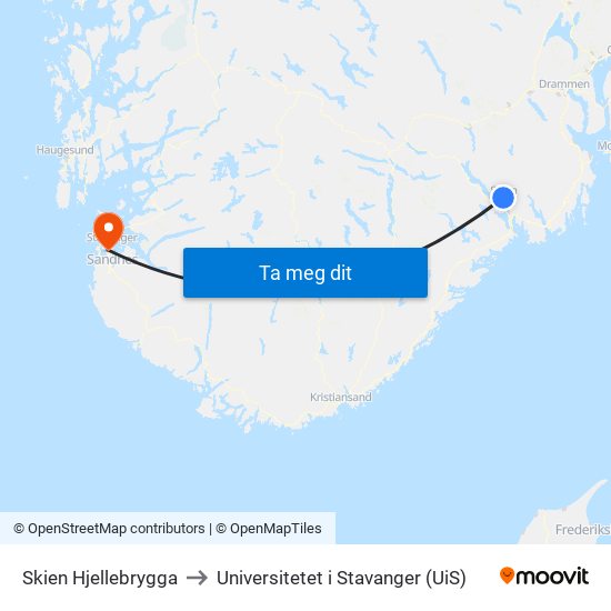Skien Hjellebrygga to Universitetet i Stavanger (UiS) map