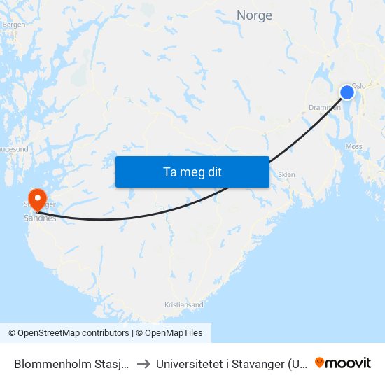 Blommenholm Stasjon to Universitetet i Stavanger (UiS) map