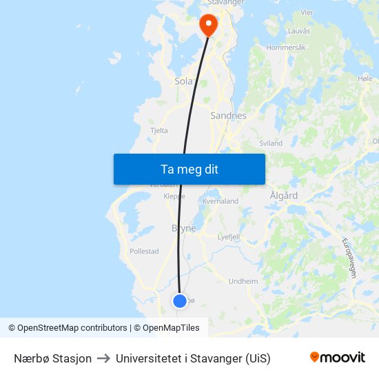 Nærbø Stasjon to Universitetet i Stavanger (UiS) map