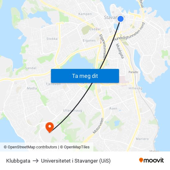 Klubbgata to Universitetet i Stavanger (UiS) map