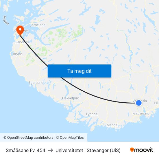 Smååsane Fv. 454 to Universitetet i Stavanger (UiS) map