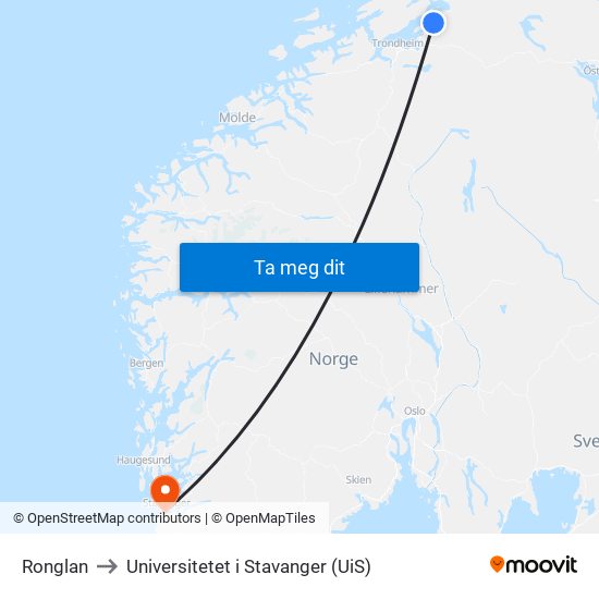 Ronglan to Universitetet i Stavanger (UiS) map