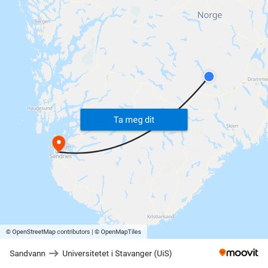 Sandvann to Universitetet i Stavanger (UiS) map