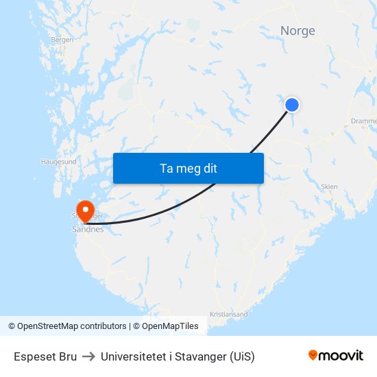 Espeset Bru to Universitetet i Stavanger (UiS) map