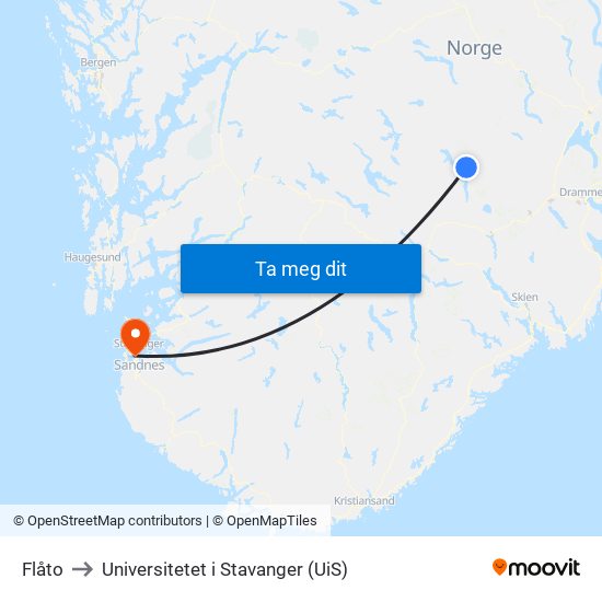 Flåto to Universitetet i Stavanger (UiS) map