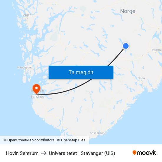 Hovin Sentrum to Universitetet i Stavanger (UiS) map