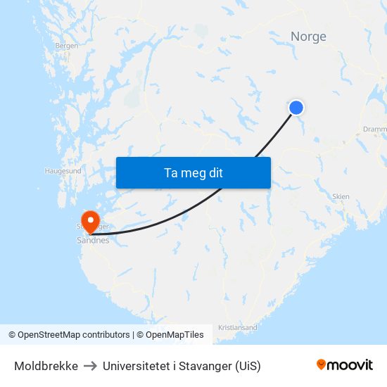 Moldbrekke to Universitetet i Stavanger (UiS) map