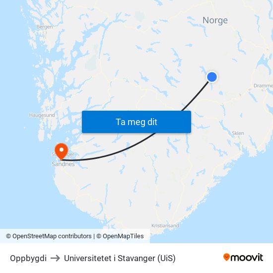 Oppbygdi to Universitetet i Stavanger (UiS) map