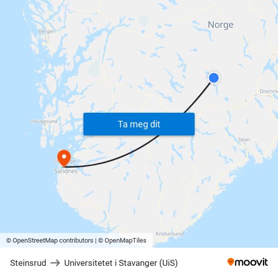 Steinsrud to Universitetet i Stavanger (UiS) map