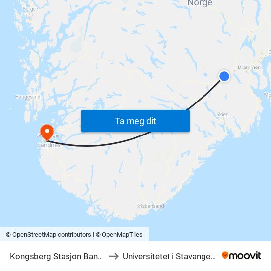 Kongsberg Stasjon Baneveien to Universitetet i Stavanger (UiS) map