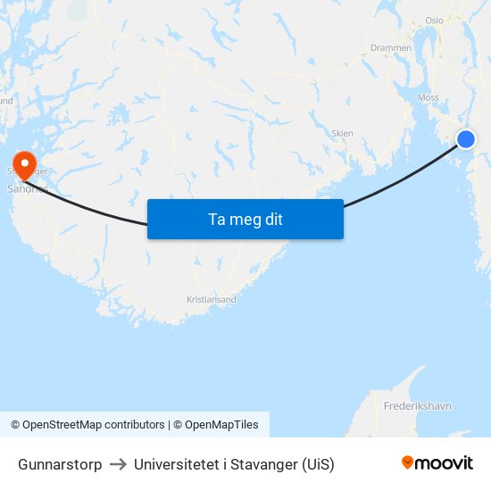 Gunnarstorp to Universitetet i Stavanger (UiS) map