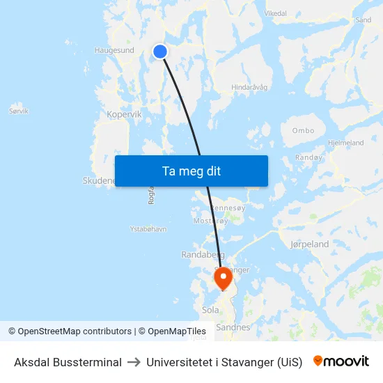 Aksdal Bussterminal to Universitetet i Stavanger (UiS) map