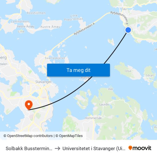 Solbakk Bussterminal to Universitetet i Stavanger (UiS) map